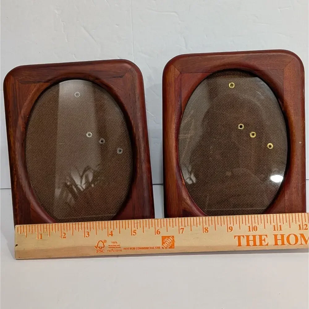 Vintage MCM Teak Oval Opening Picture Frame Pair Tabletop Wall 5x7